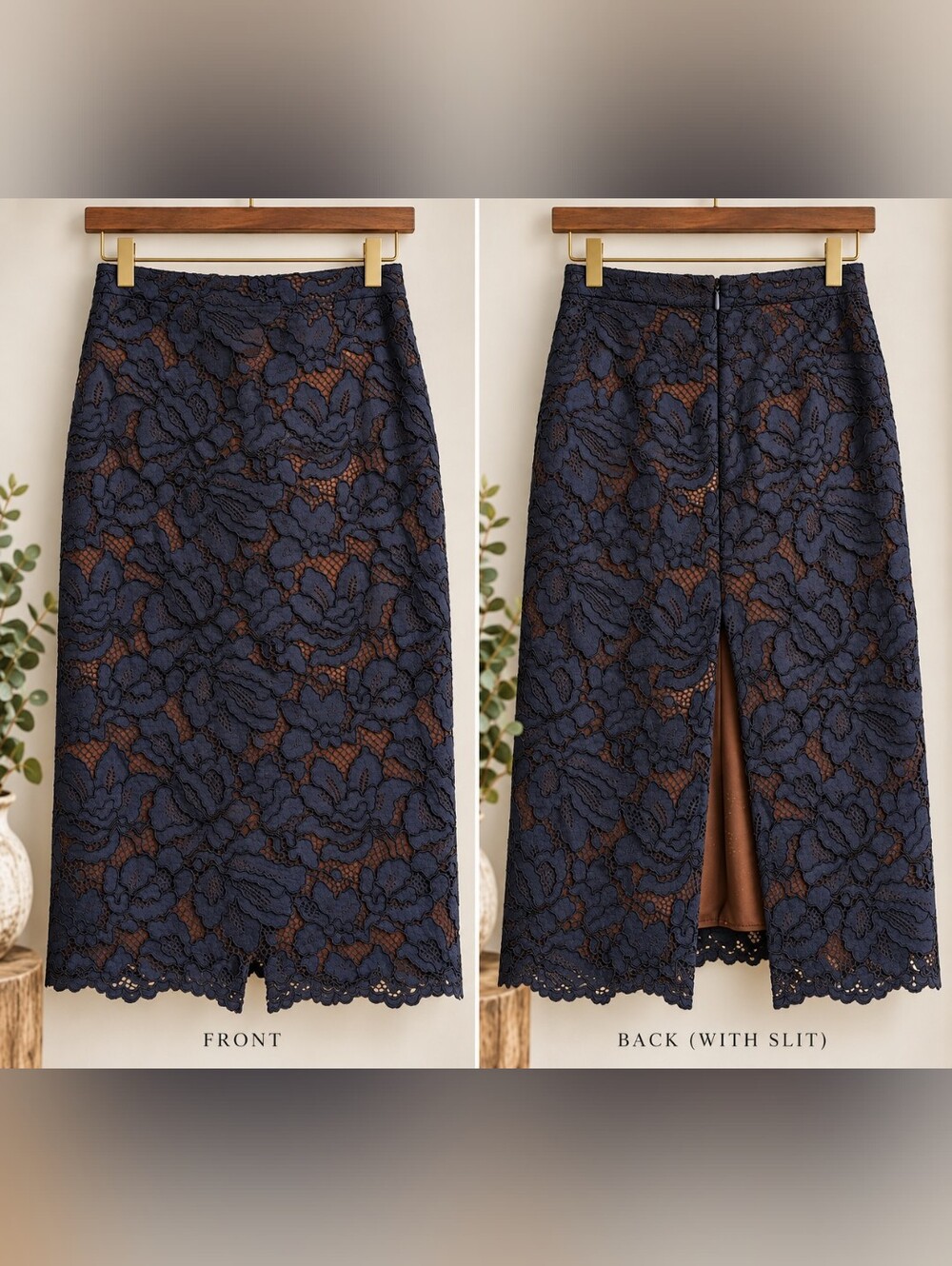 Zara Navy Floral Lace Pencil Skirt with Back Slit Medium